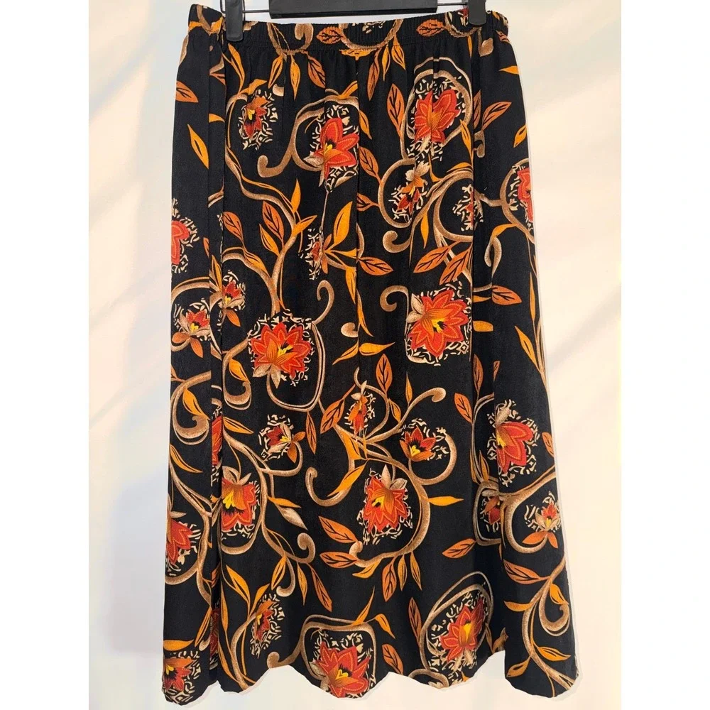VTG Nikki Women Floral Scroll Print Midi Skirt Black Orange Elastic Waist‎ L